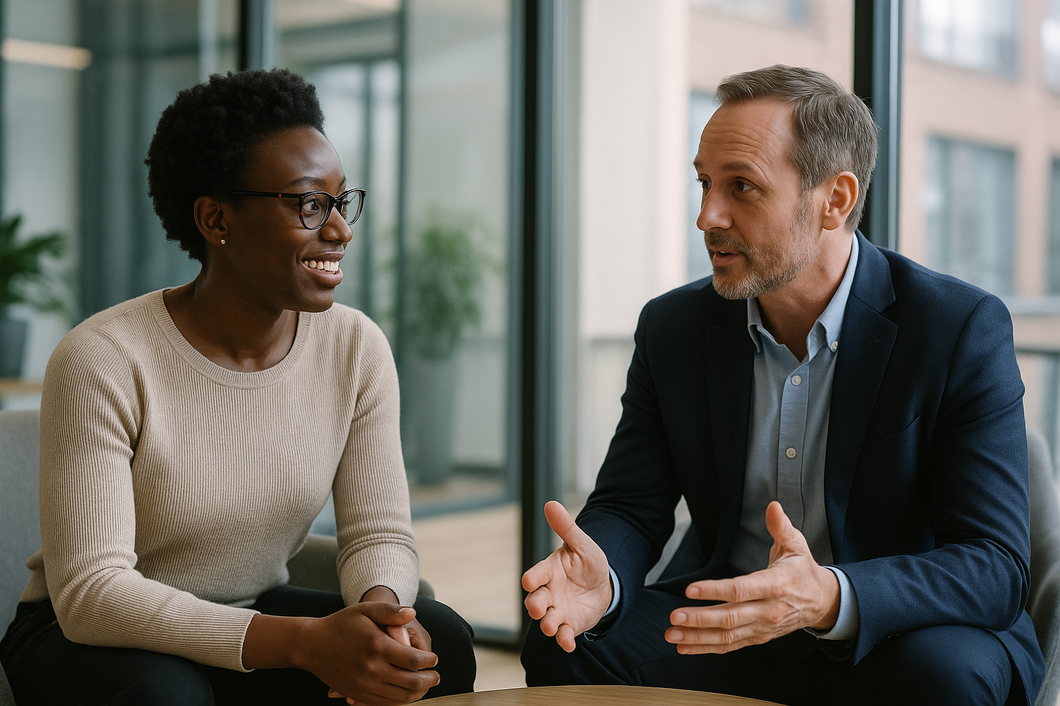 Two UK professionals discussing career next steps for family business executive UK