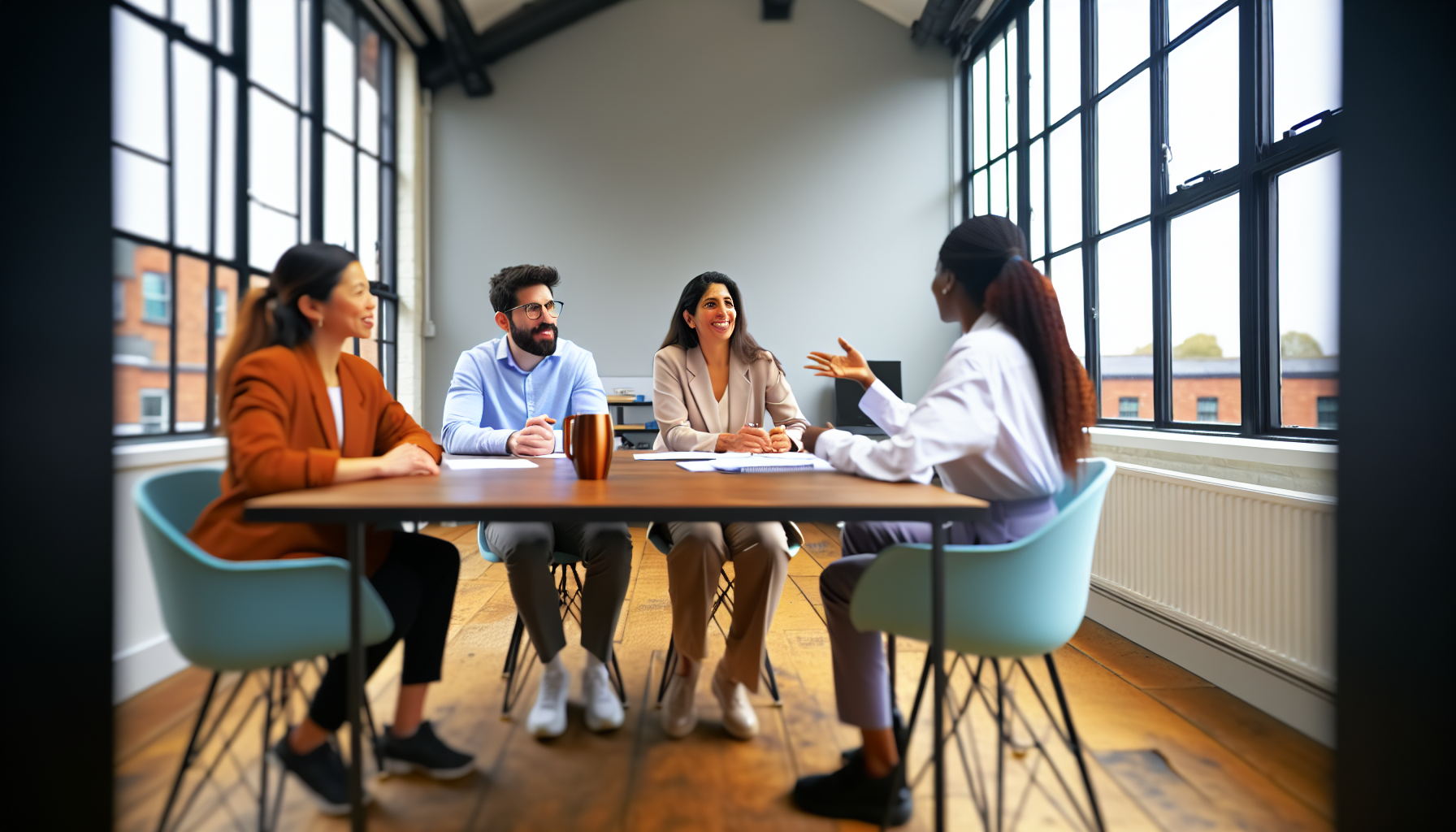 UK team in a candid meeting in a modern office