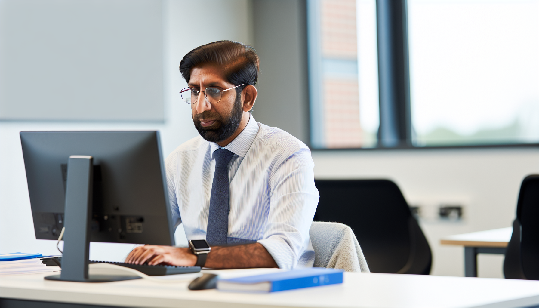 UK professional focused on work at a tidy desk