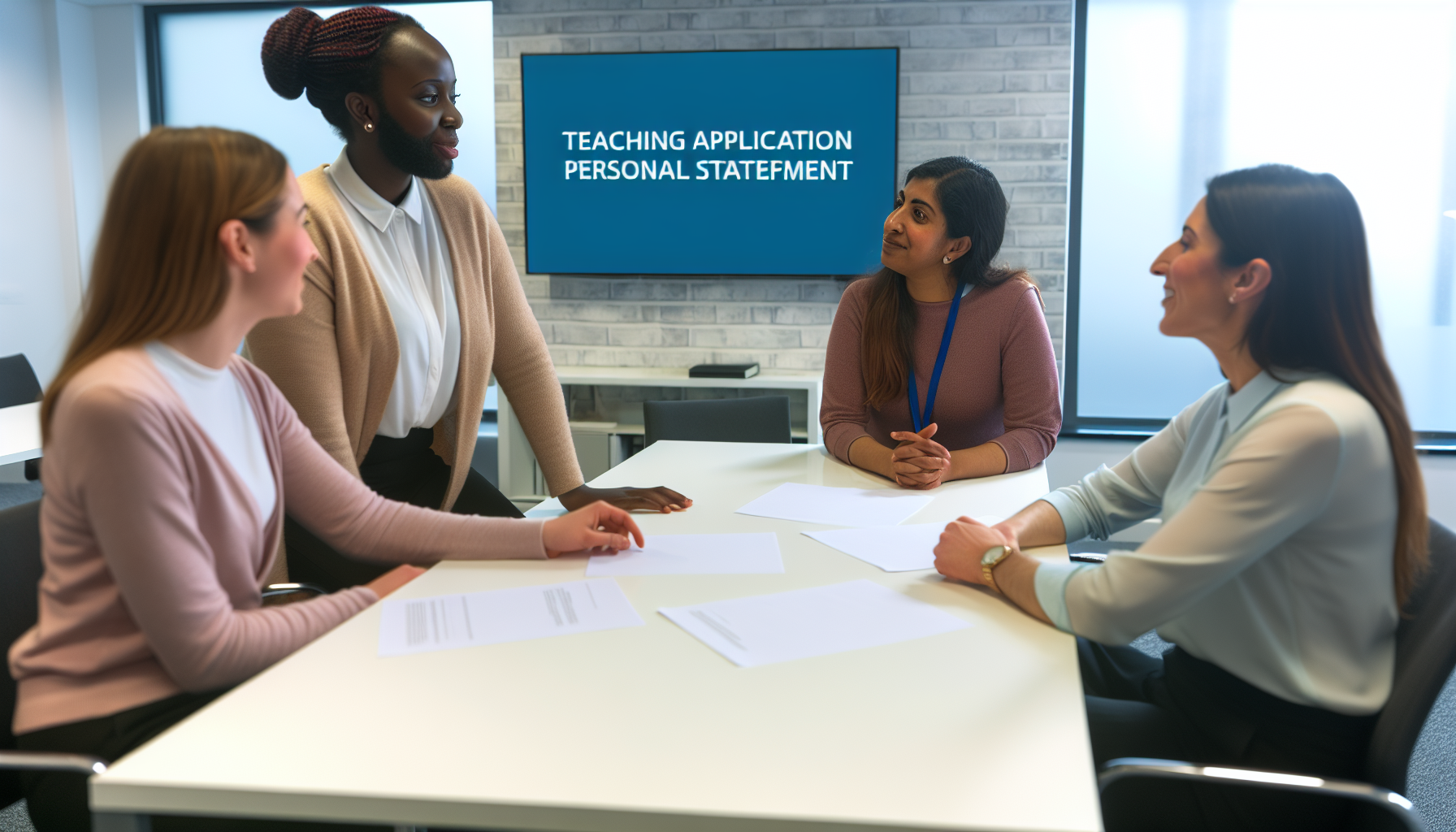 Relaxed discussion among UK professionals in a bright office