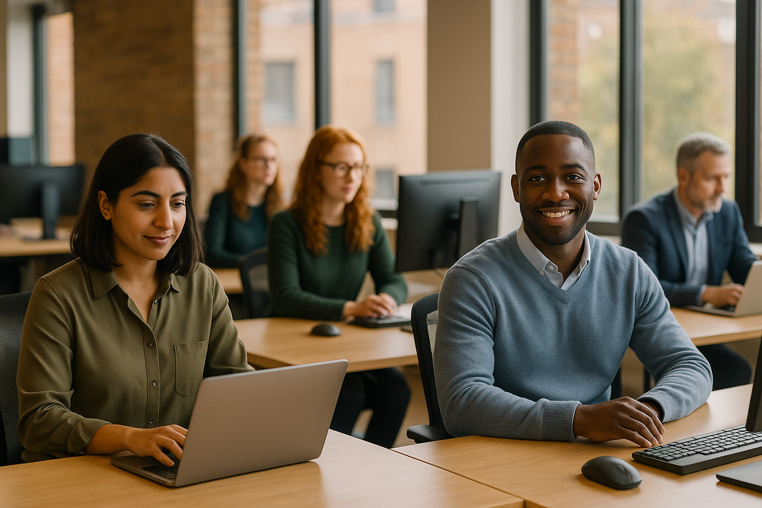 British professionals in a modern office discussing term time working UK