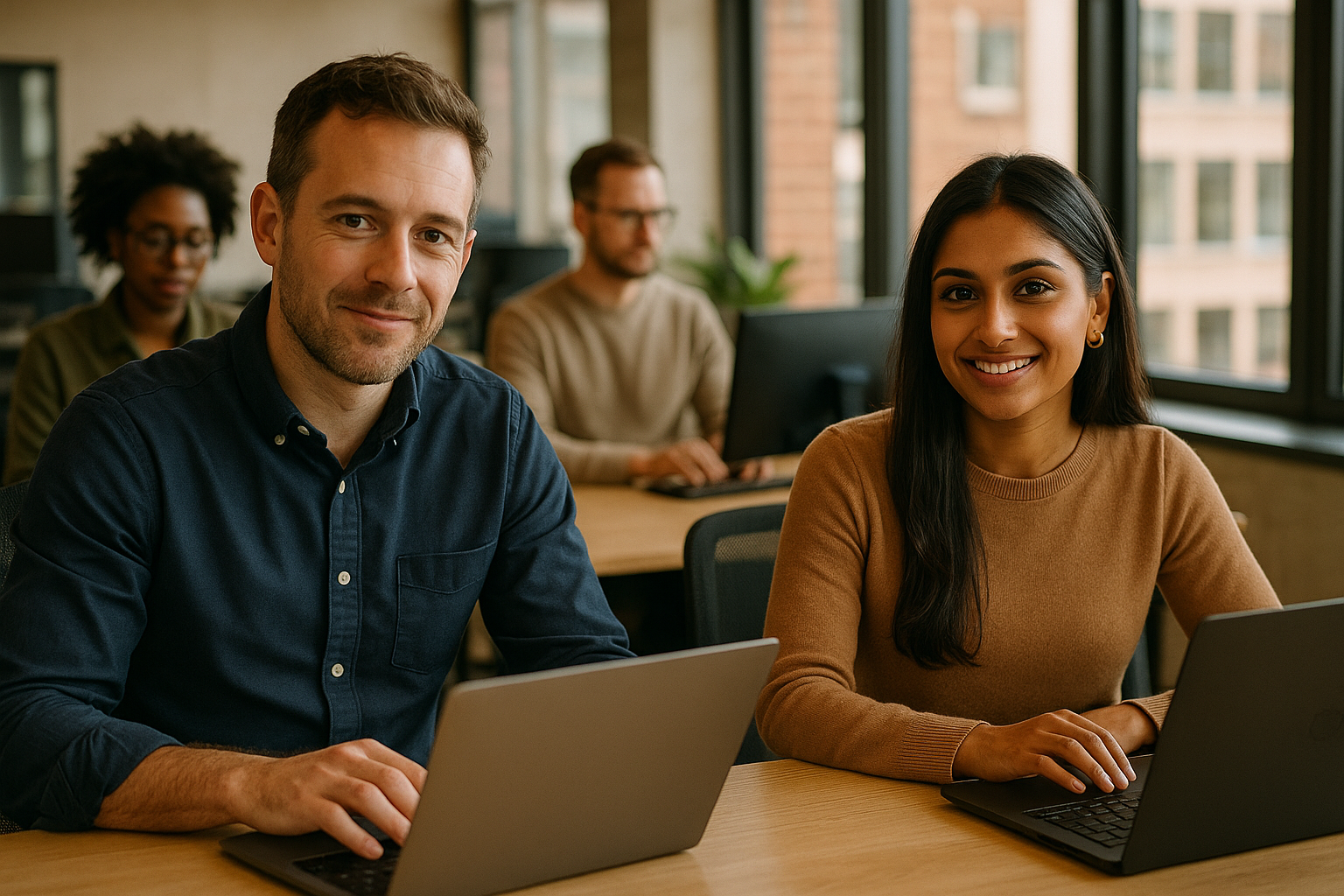 British professionals in a modern office discussing Digital nomad UK remote
