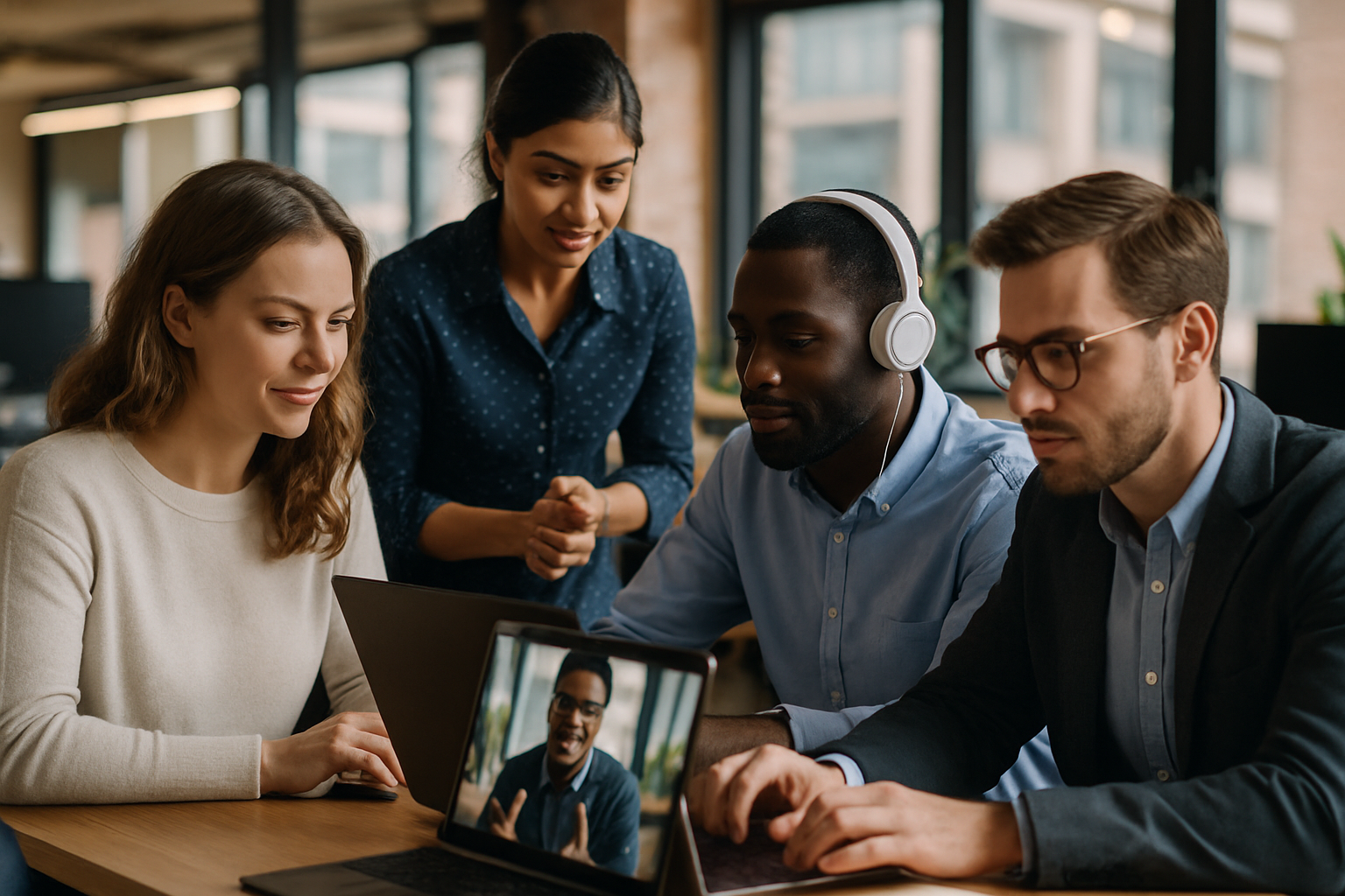 British professionals in a modern office discussing Remote collaboration tools UK