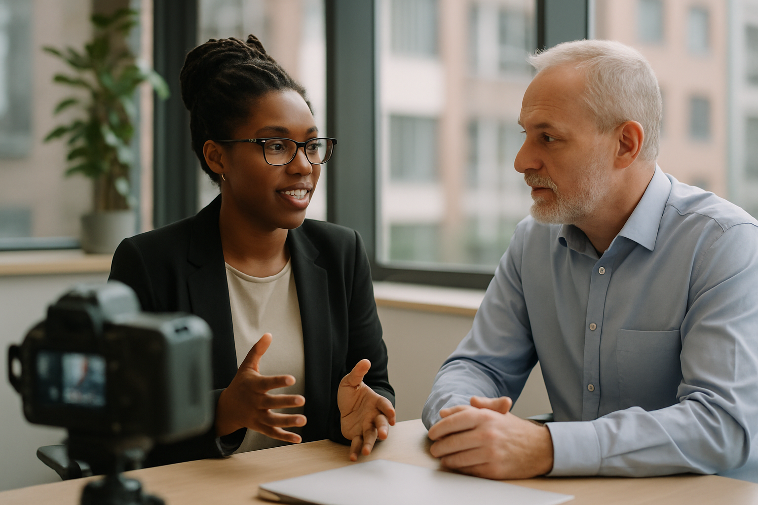 Two UK professionals discussing career next steps for Remote collaboration tools UK