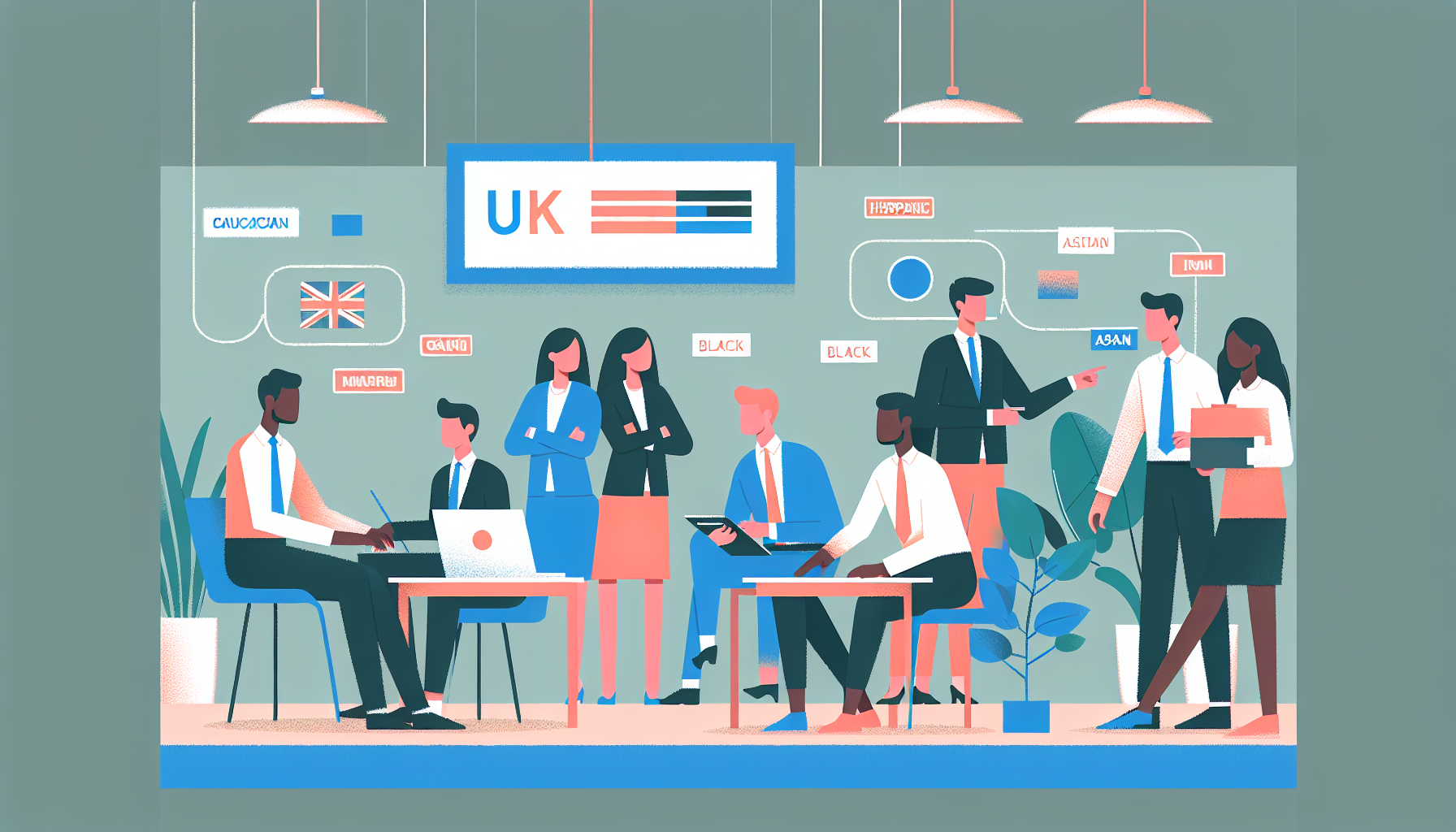 Illustration of UK workplace team collaborating on tasks