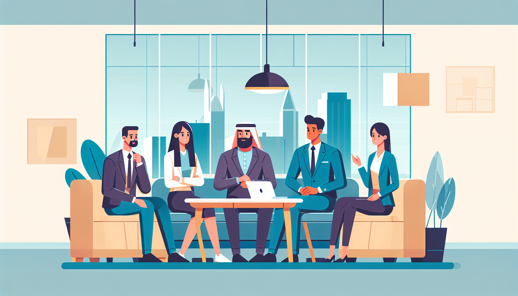 Illustration of UK professionals in relaxed office discussion