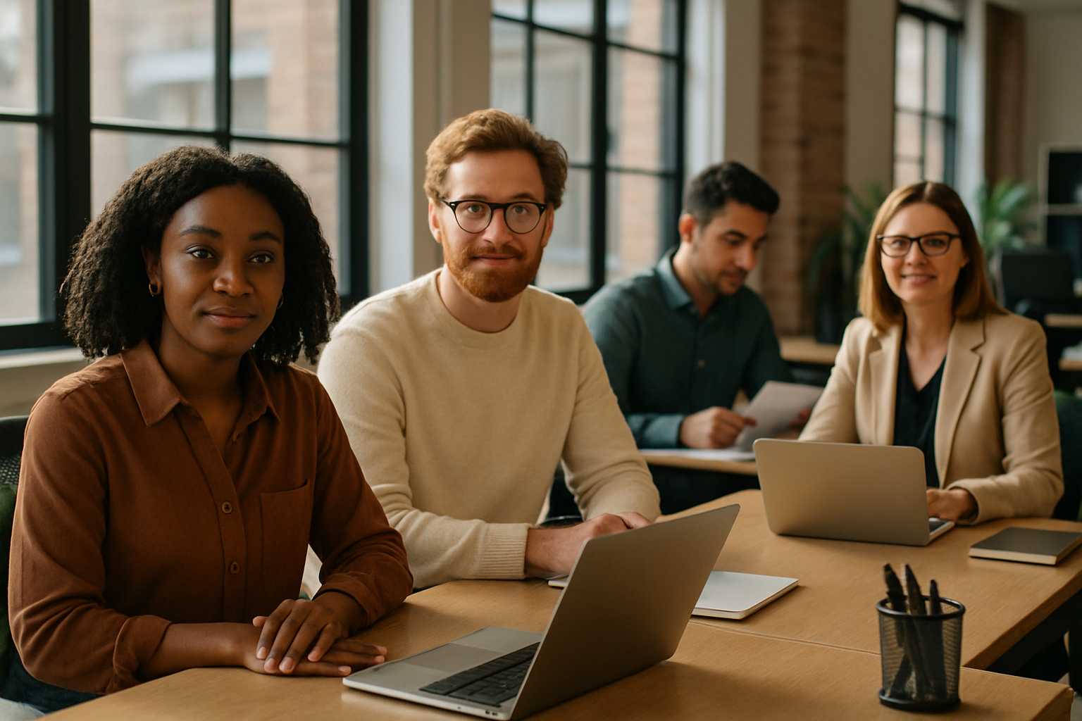 British professionals in a modern office discussing Accelerator programme UK