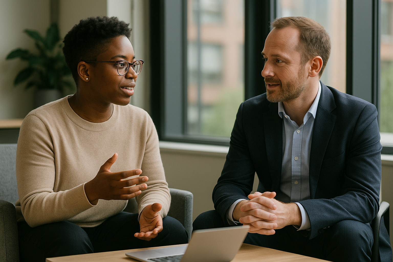 Two UK professionals discussing career next steps for Accelerator programme UK