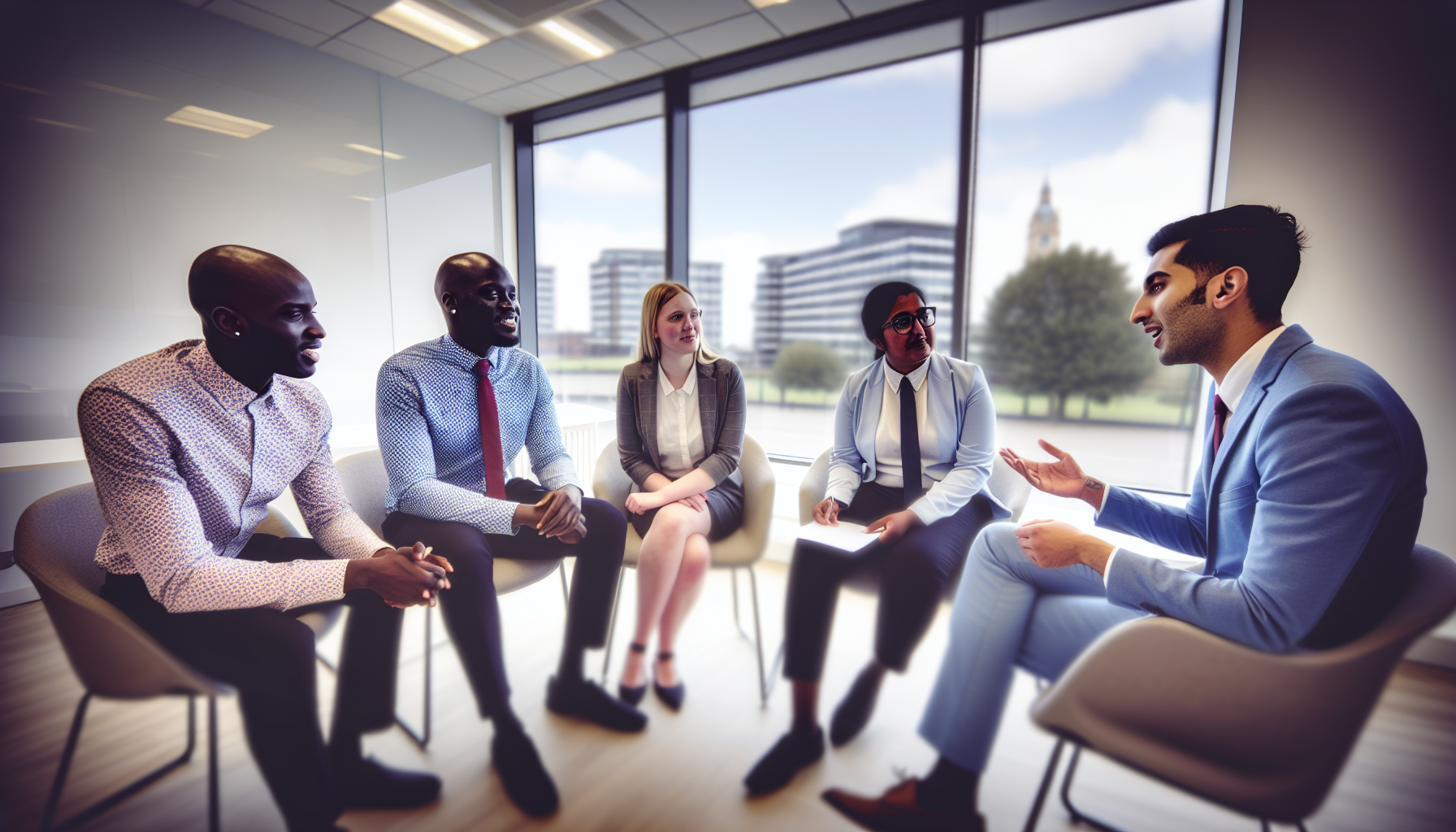 Group of UK professionals discussing interview strategies