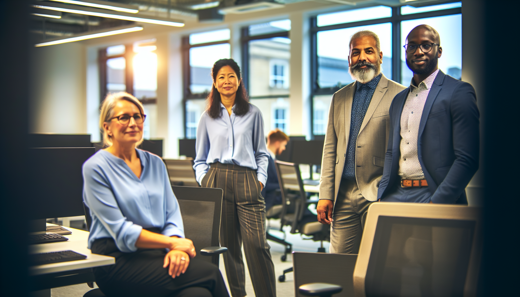 Diverse British professionals collaborating in a modern office space