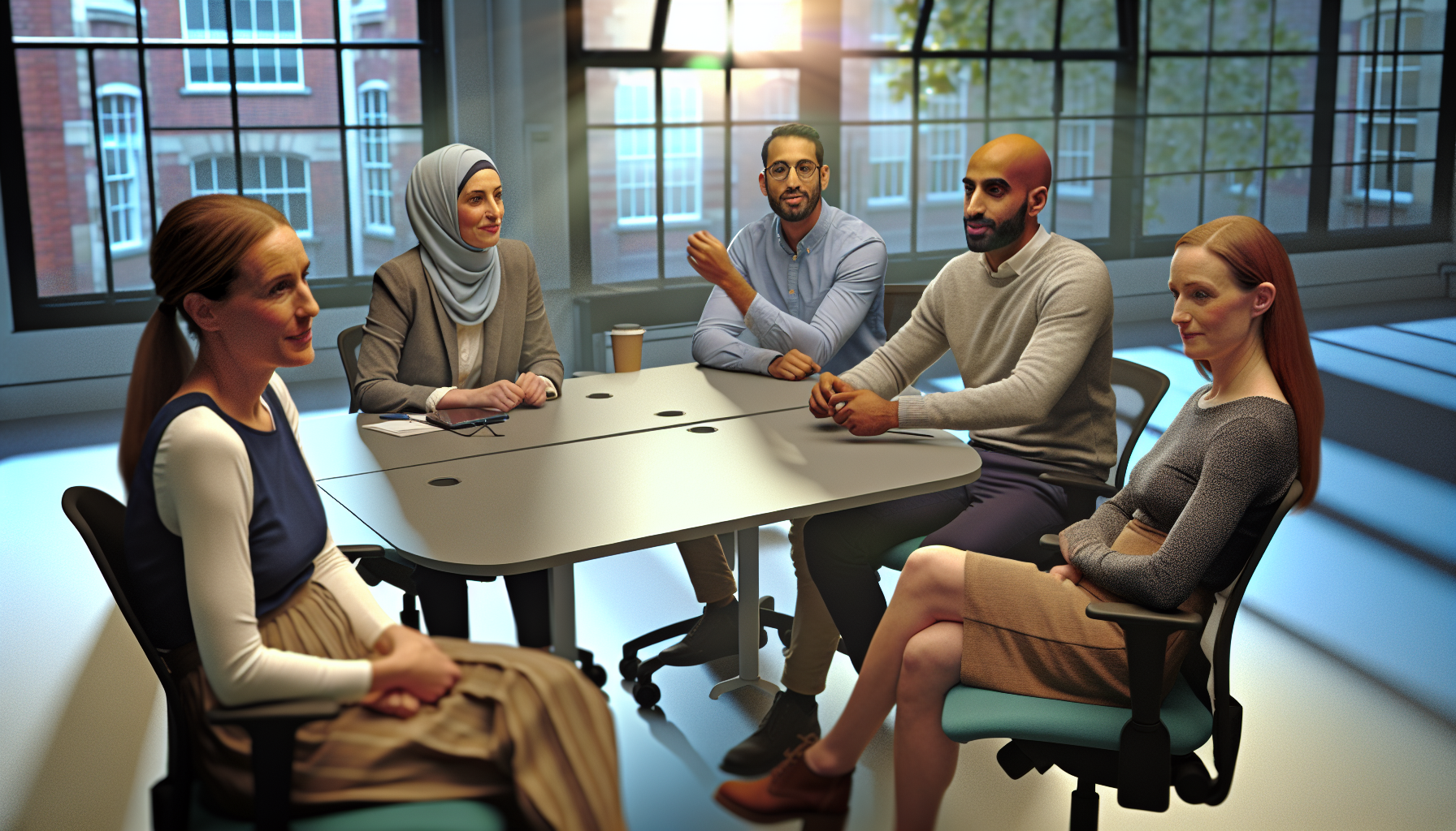 UK workplace team in a candid meeting in a modern office