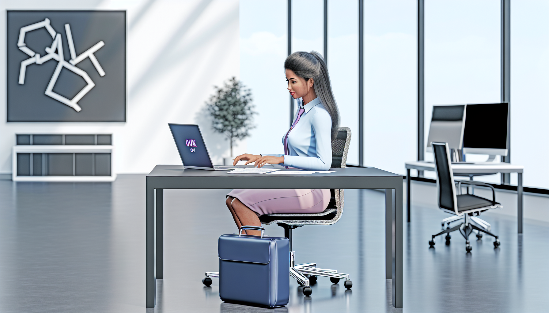 UK professional focused on work at a tidy desk in a modern office