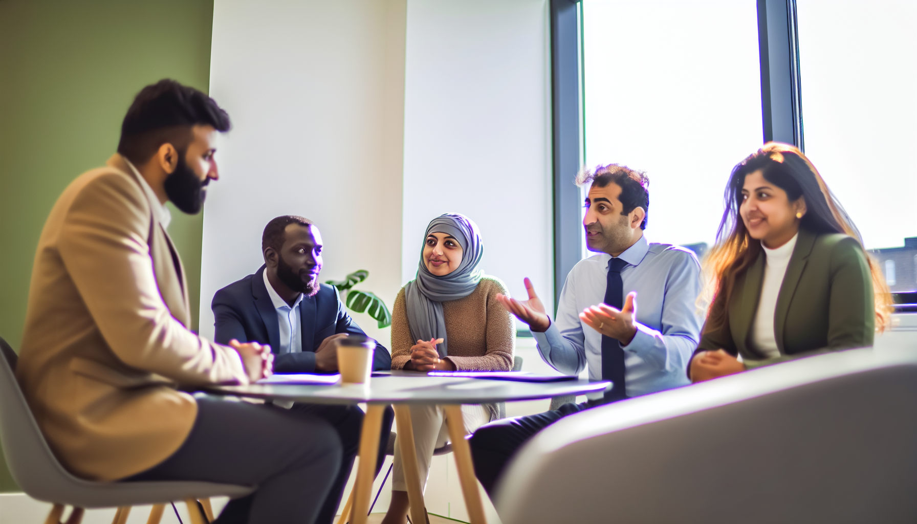 UK professionals engaged in a collaborative discussion in a bright office