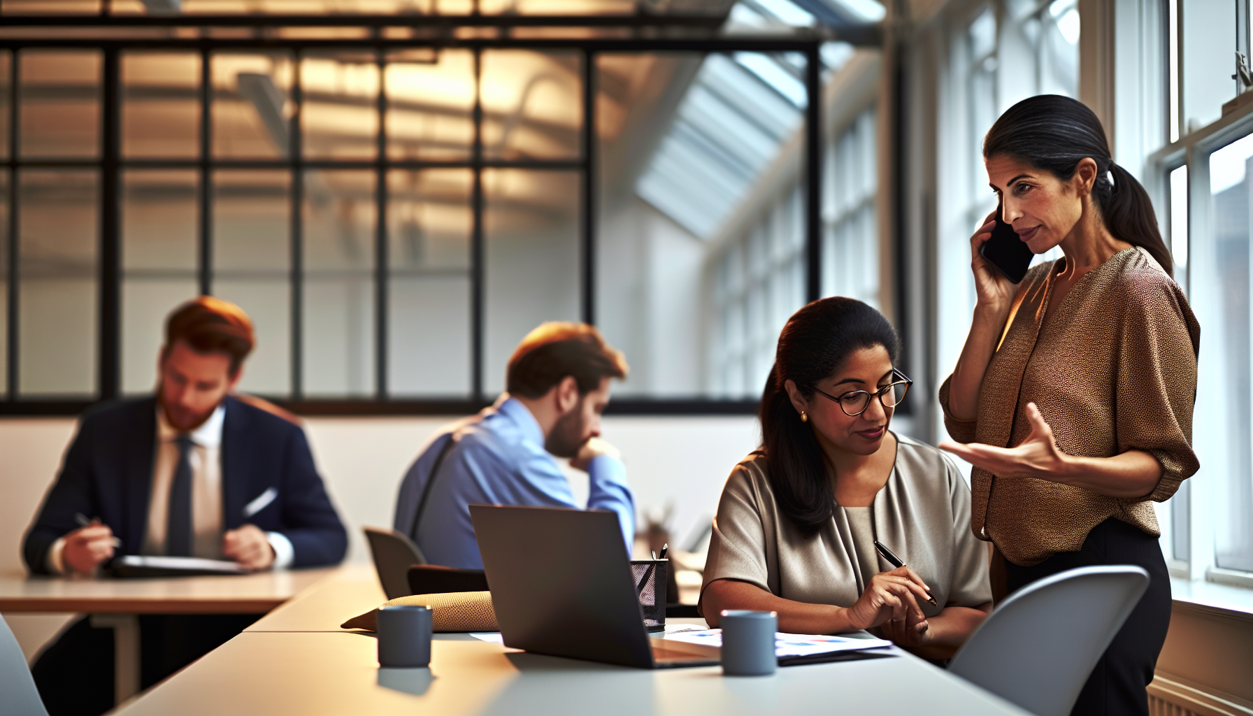 British professionals collaborating in an open-plan office