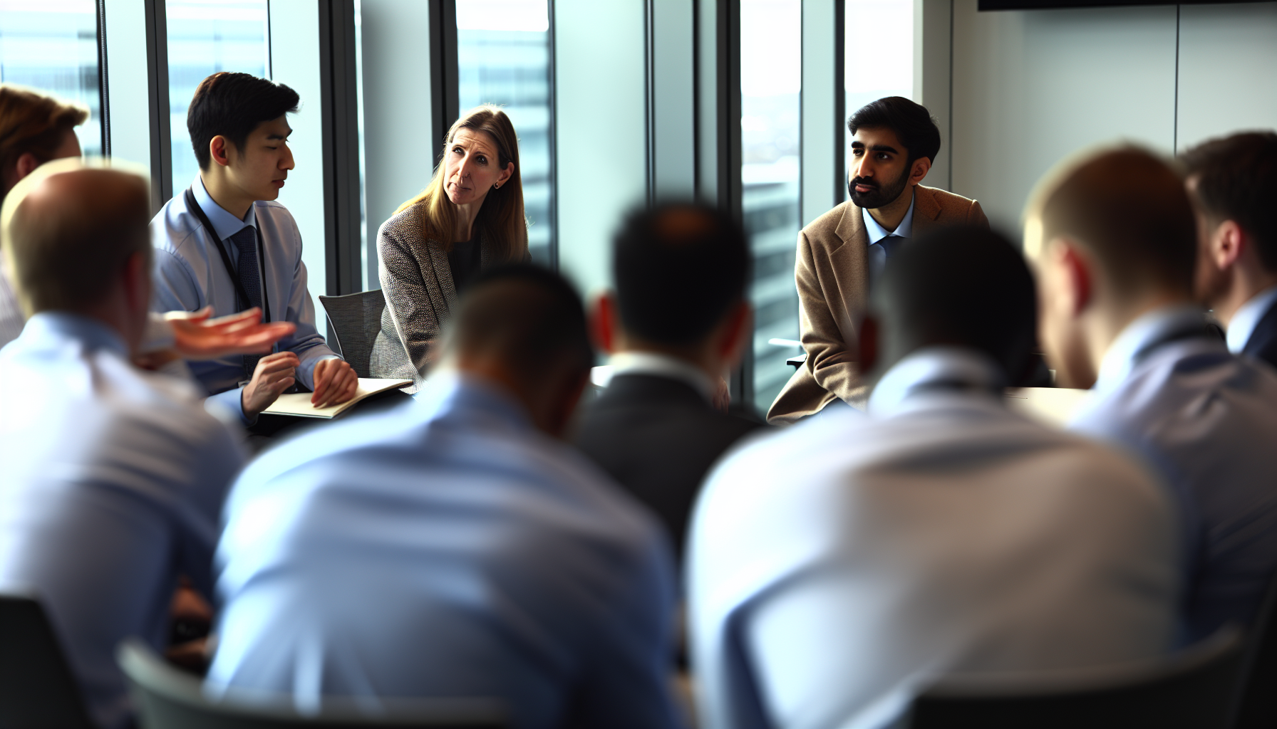 Team meeting of UK professionals in a modern office