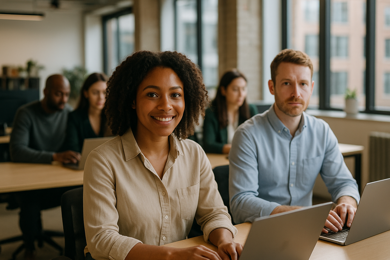 British professionals in a modern office discussing Digital nomad visa UK