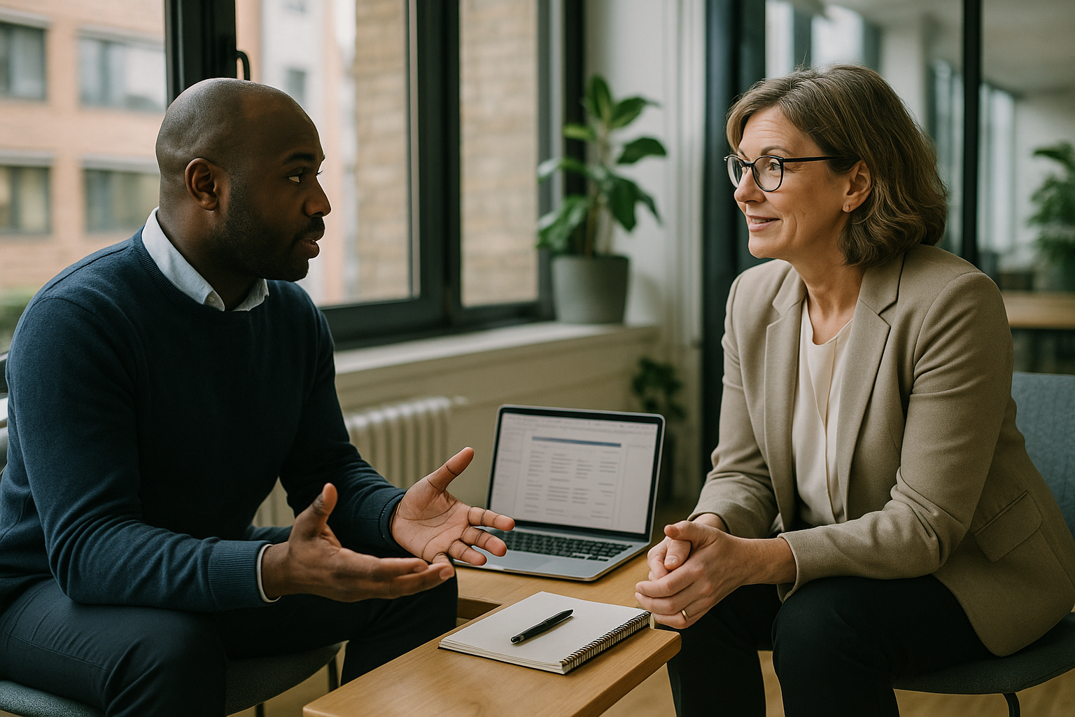 Two UK professionals discussing career next steps for Digital nomad visa UK