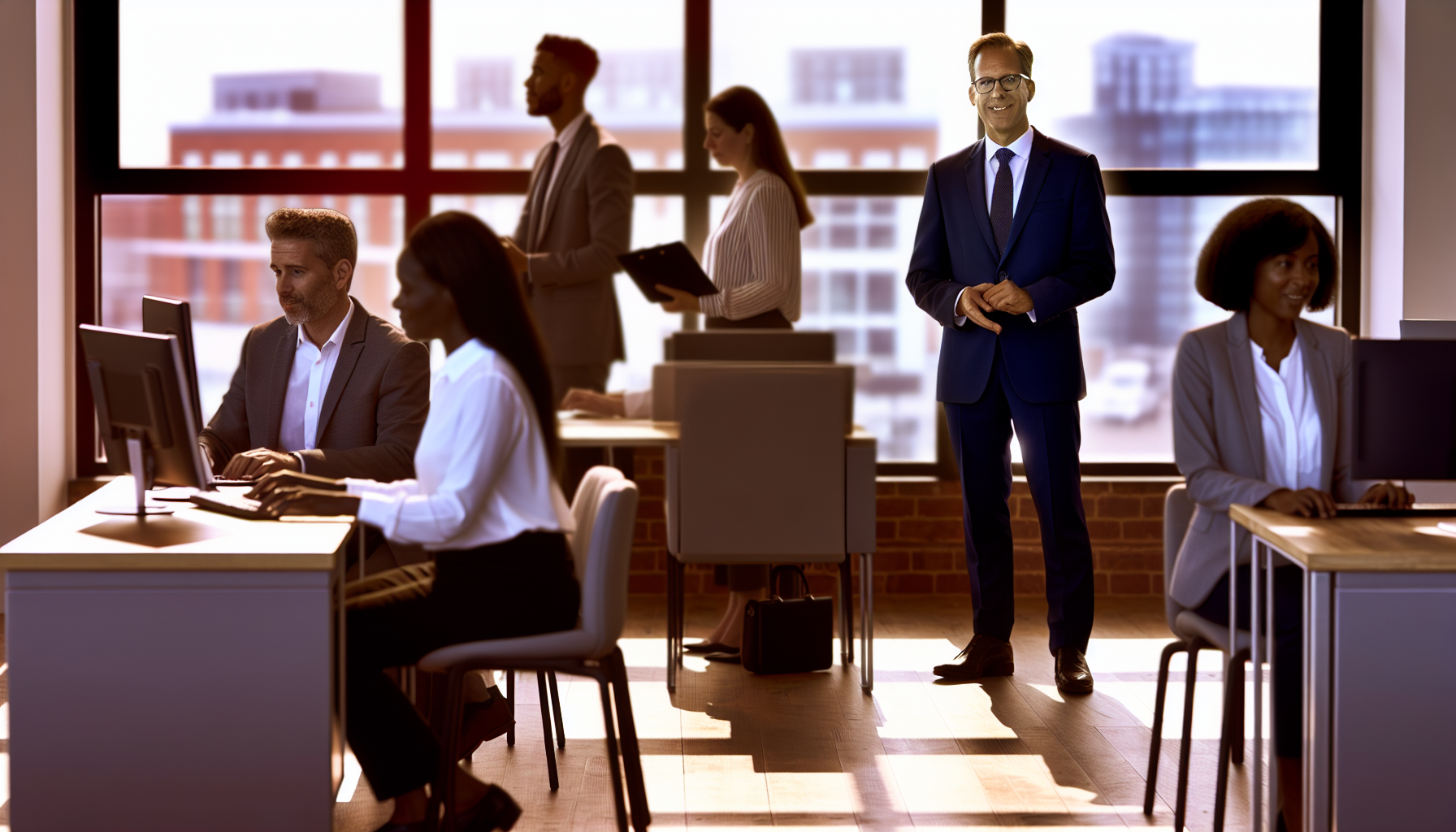 British professionals discussing employment rights in open-plan office