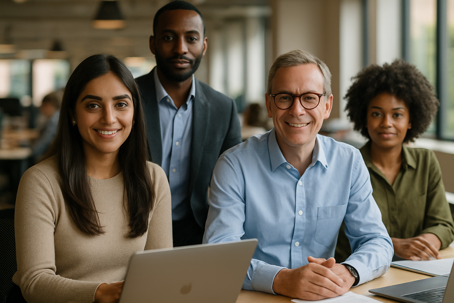 British professionals in a modern office discussing UK family visa work