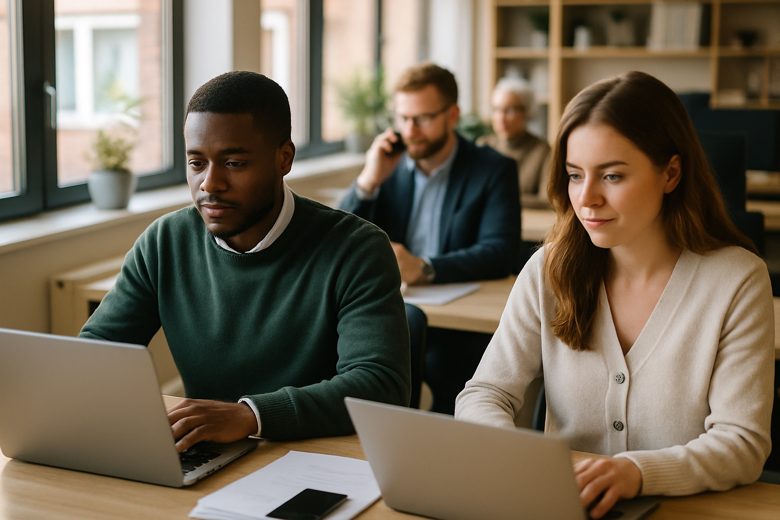 British professionals in a modern office discussing work from home contract UK