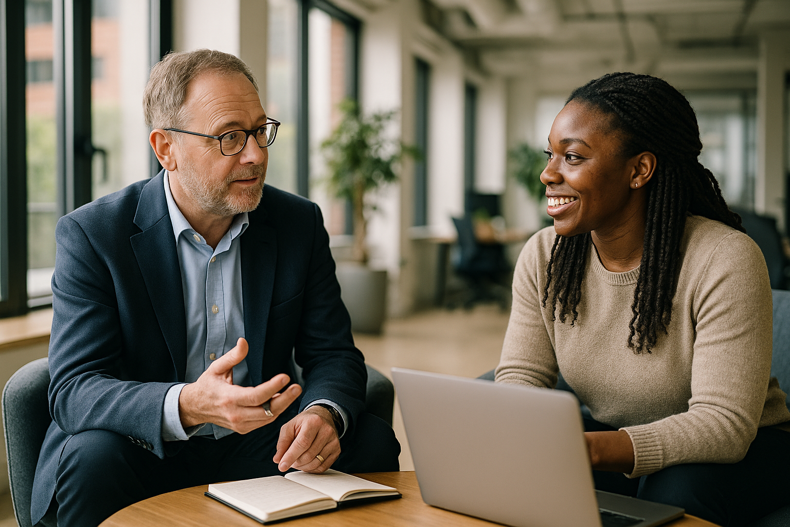 Two UK professionals discussing career next steps for work from home contract UK