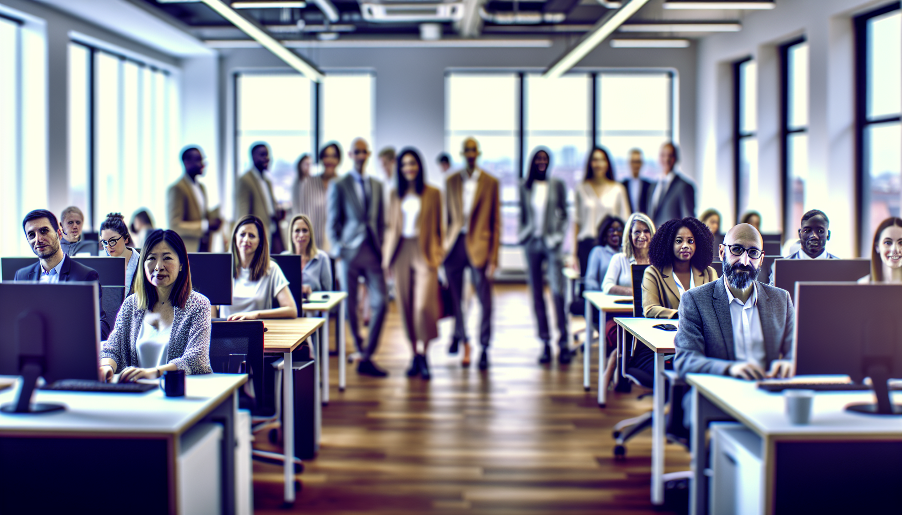 Diverse UK professionals working in a modern office setting