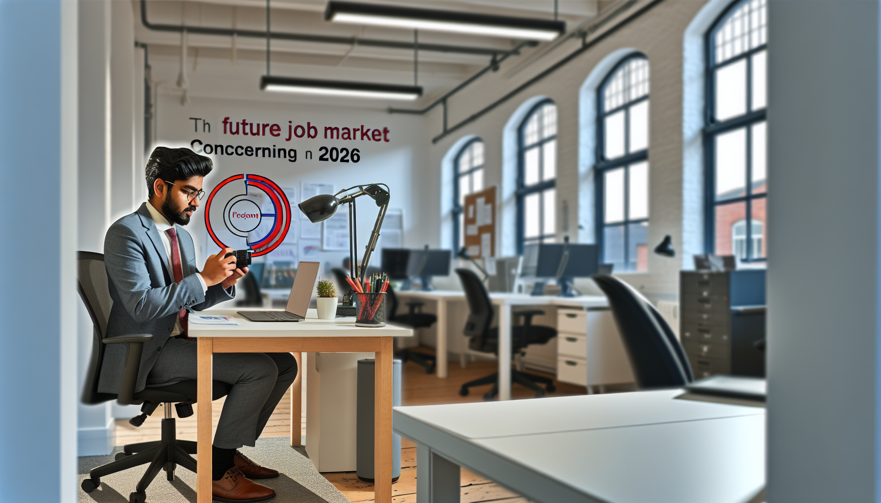 UK professional focused on work at a desk in an office