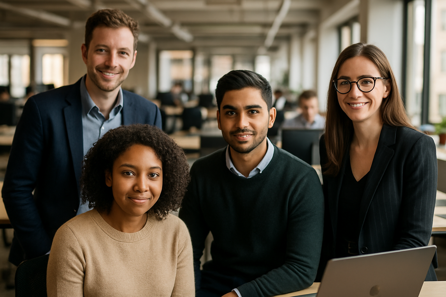 British professionals in a modern office discussing off cycle internship UK