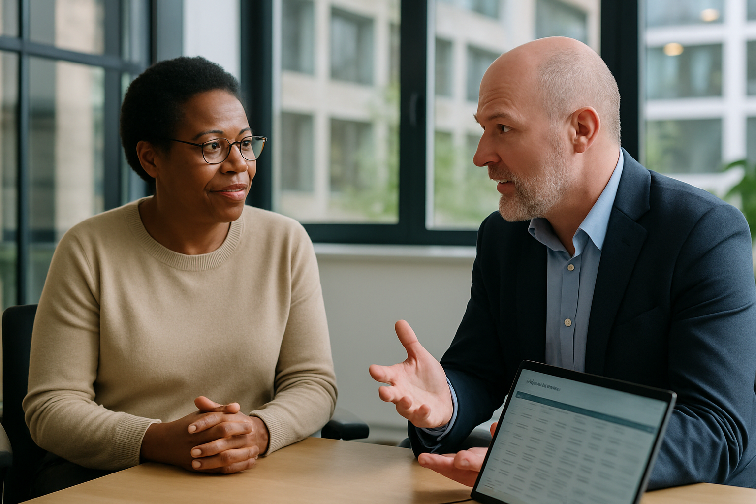 Two UK professionals discussing career next steps for off cycle internship UK