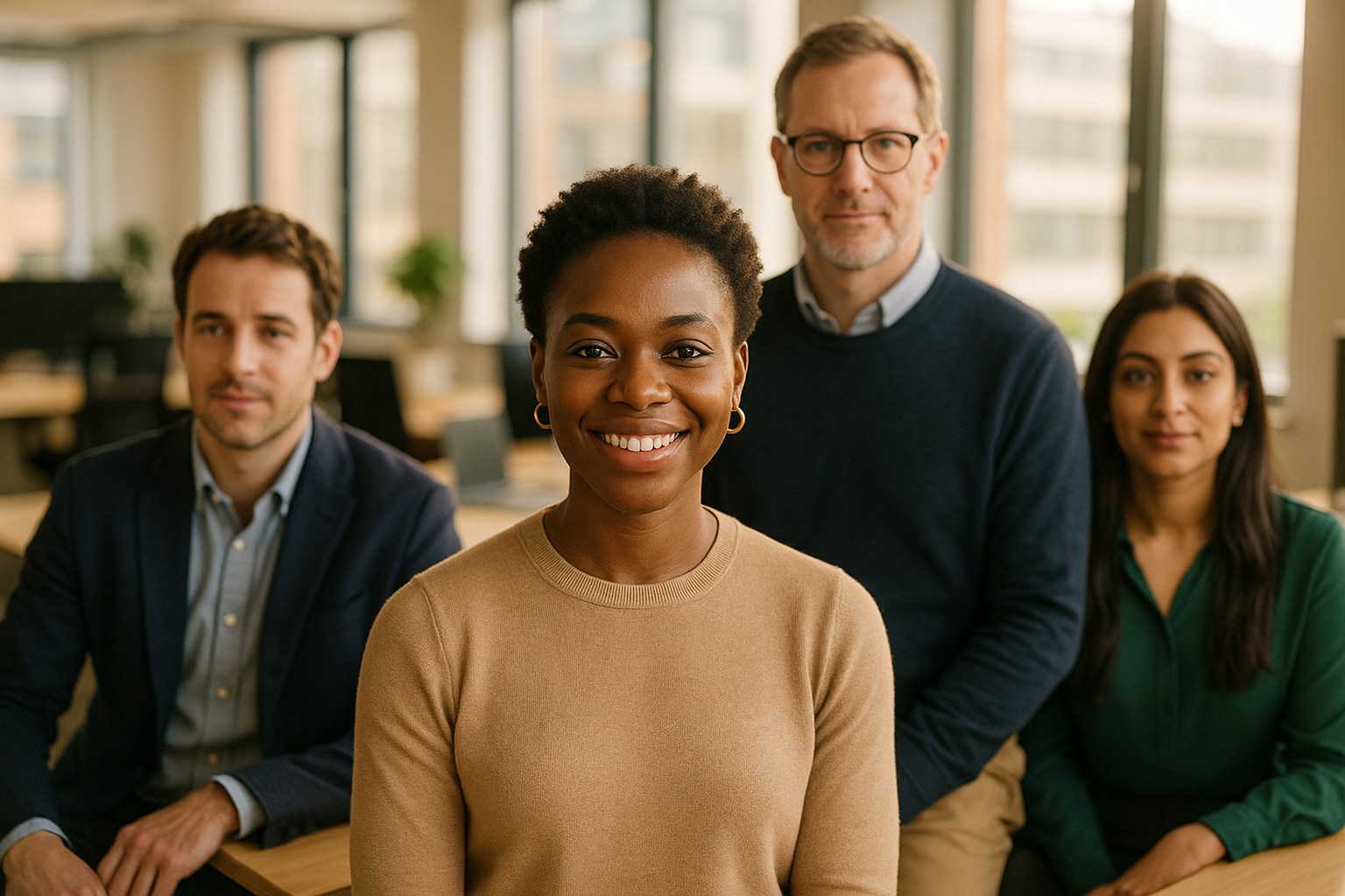 British professionals in a modern office discussing Future of work UK 2030