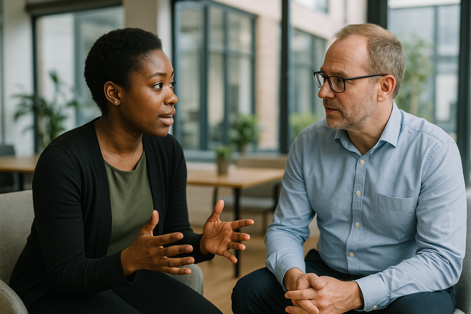 Two UK professionals discussing career next steps for Future of work UK 2030