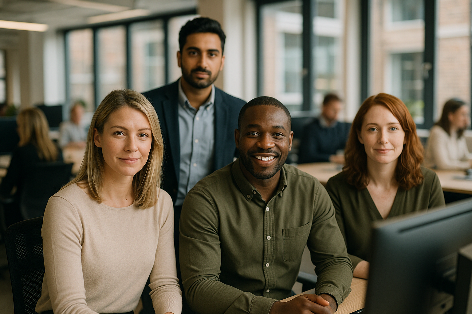 British professionals in a modern office discussing bootcamp UK
