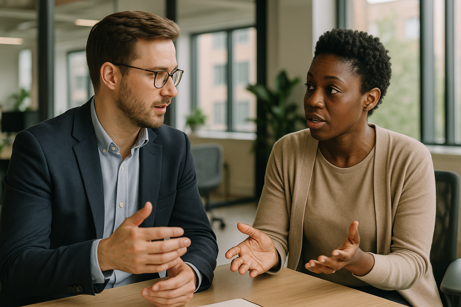 Two UK professionals discussing career next steps for Directors loan UK