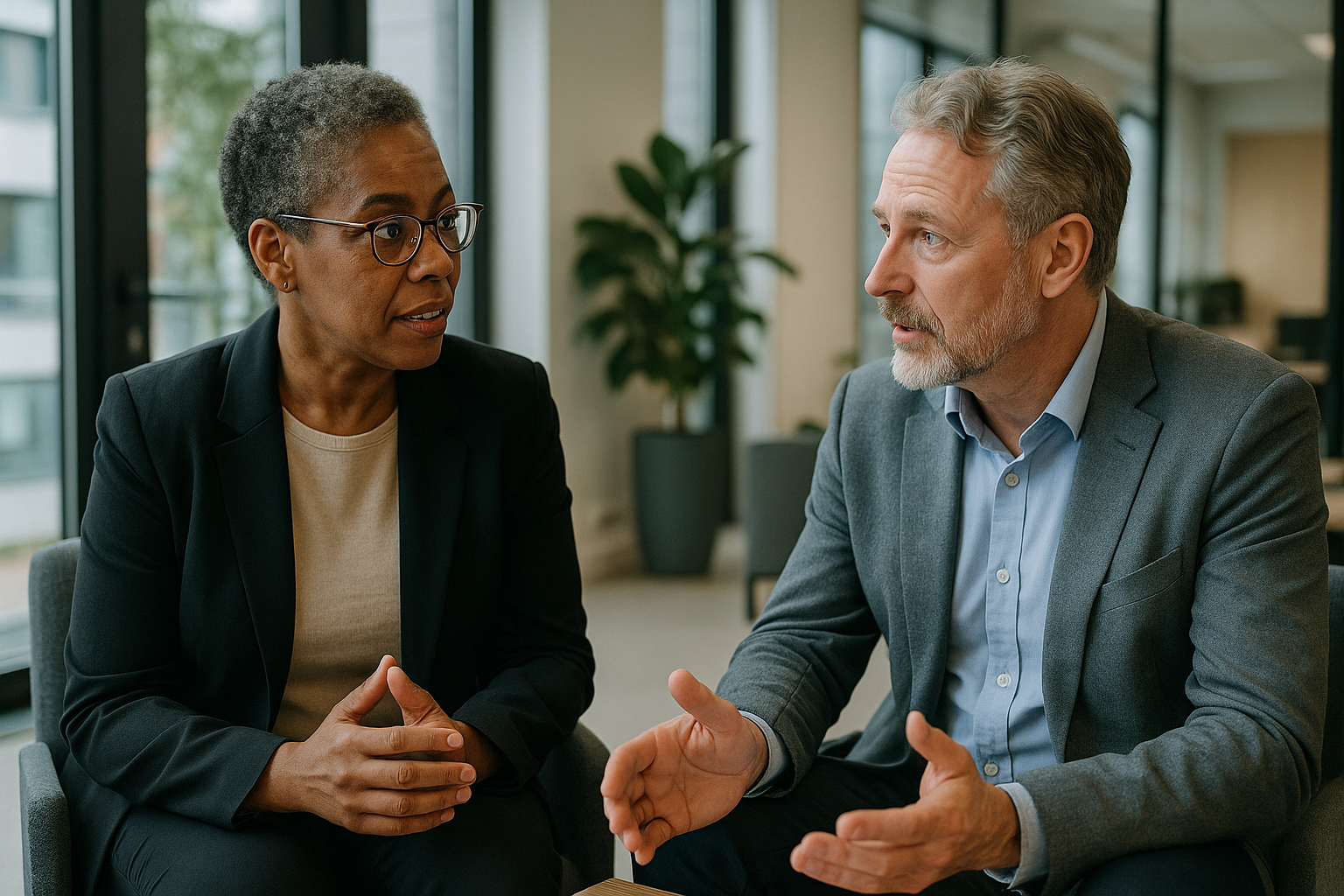 Two UK professionals discussing career next steps for dual nationality UK