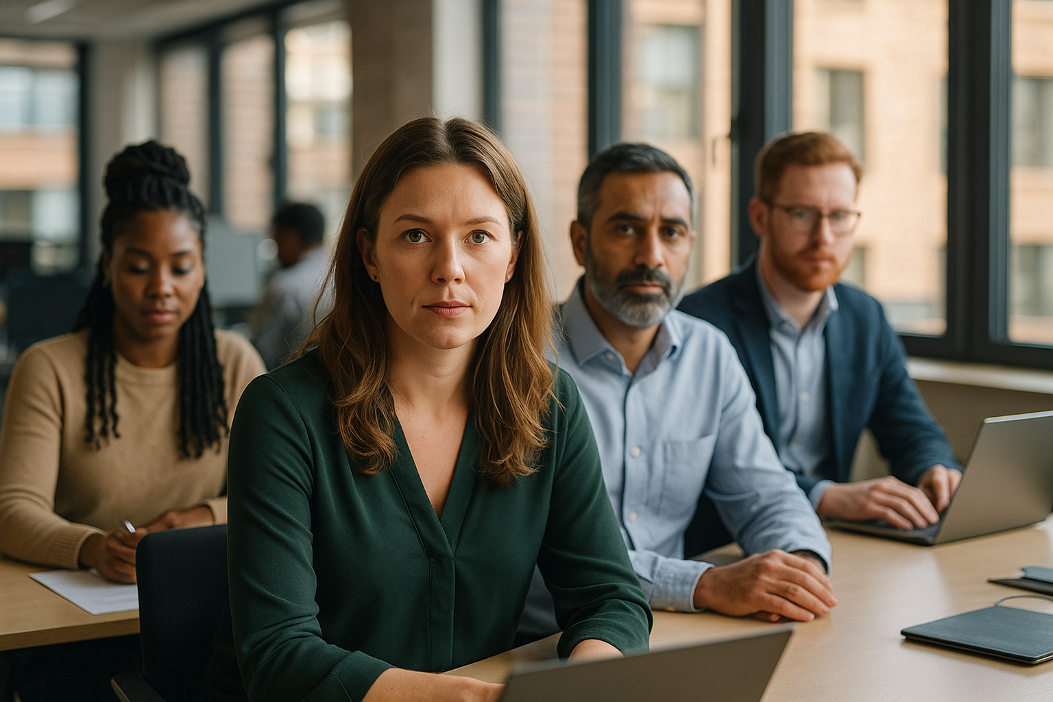 British professionals in a modern office discussing Gender pay gap reporting UK