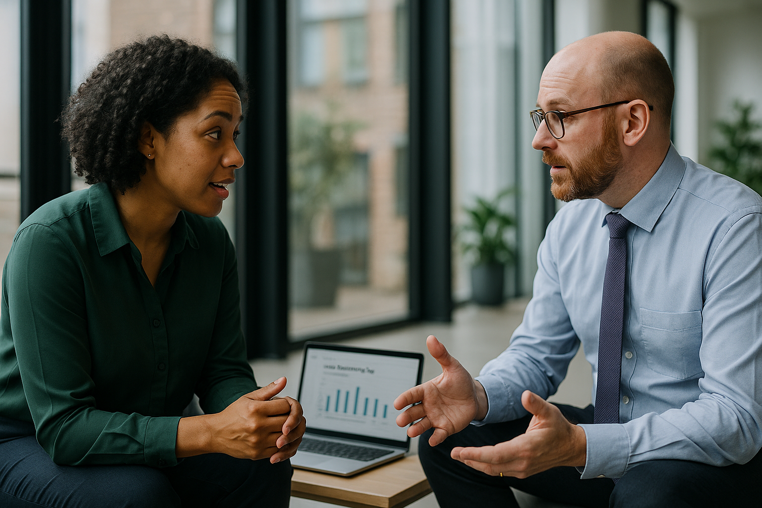 Two UK professionals discussing career next steps for Gender pay gap reporting UK