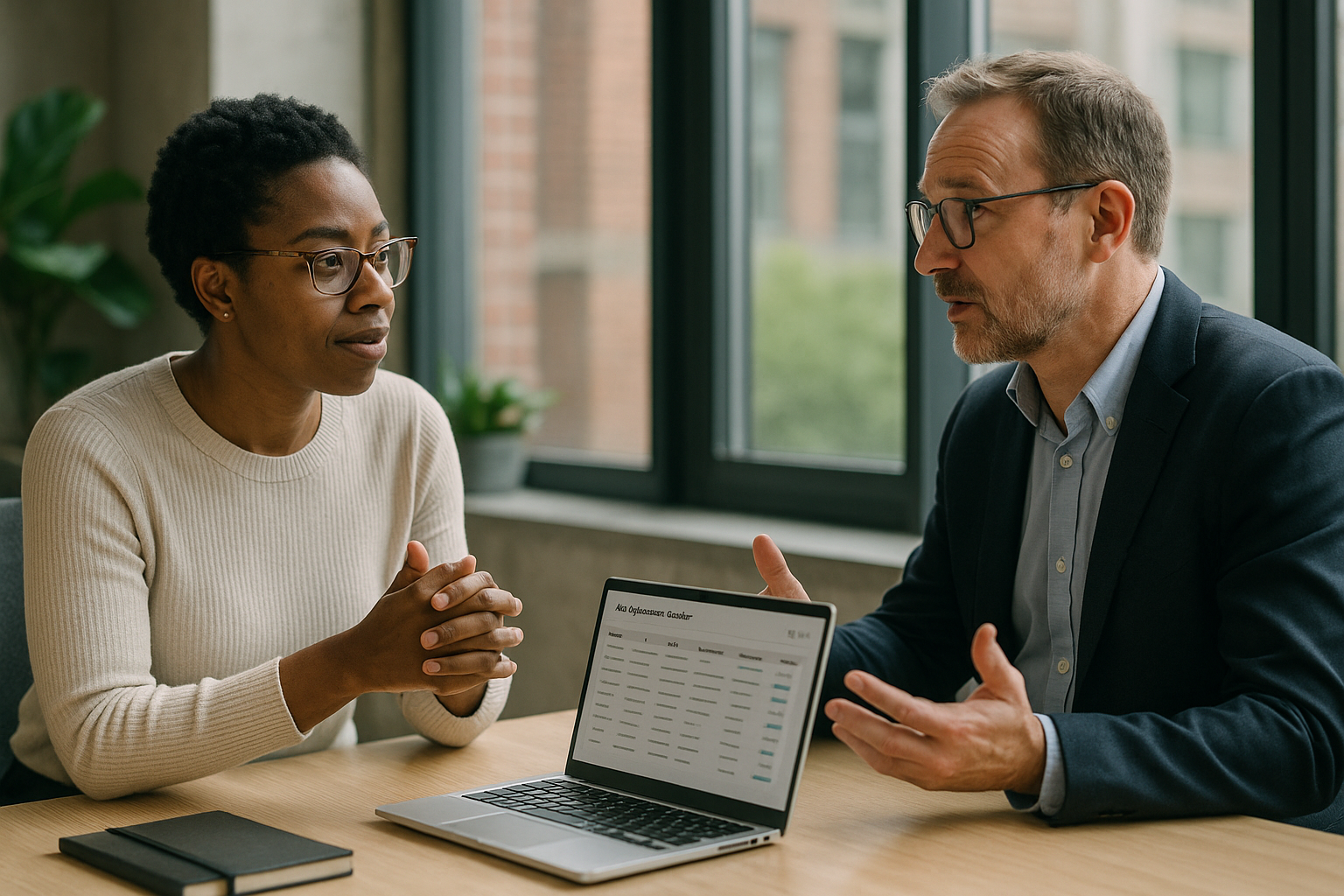 Two UK professionals discussing career next steps for golden parachute UK