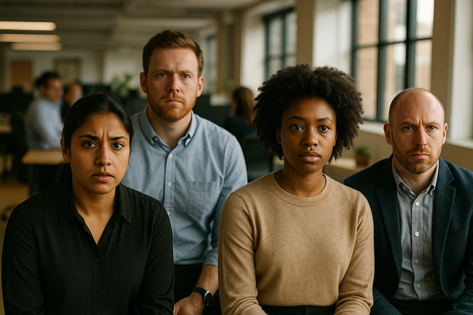 British professionals in a modern office discussing modern slavery UK