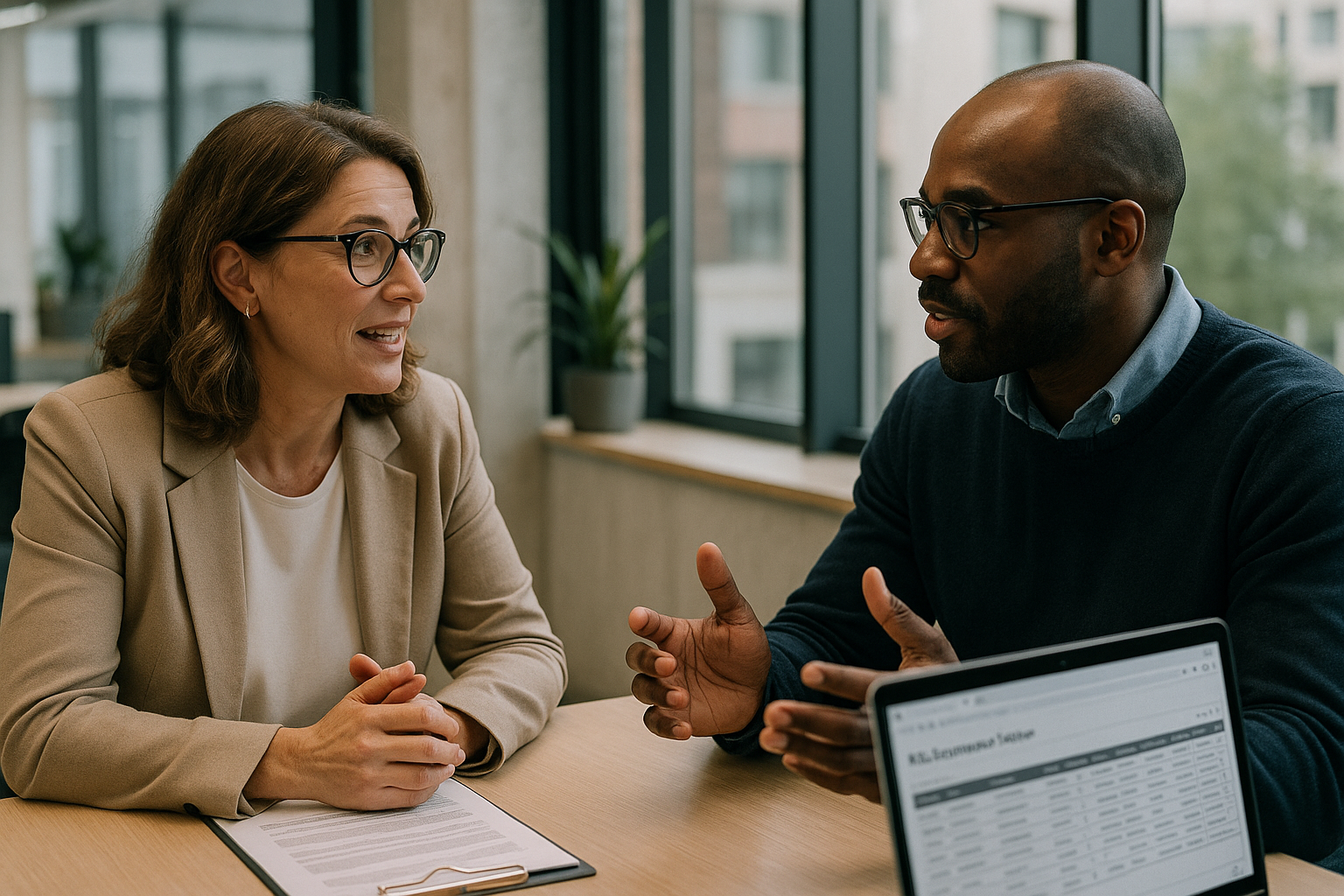 Two UK professionals discussing career next steps for modern slavery UK