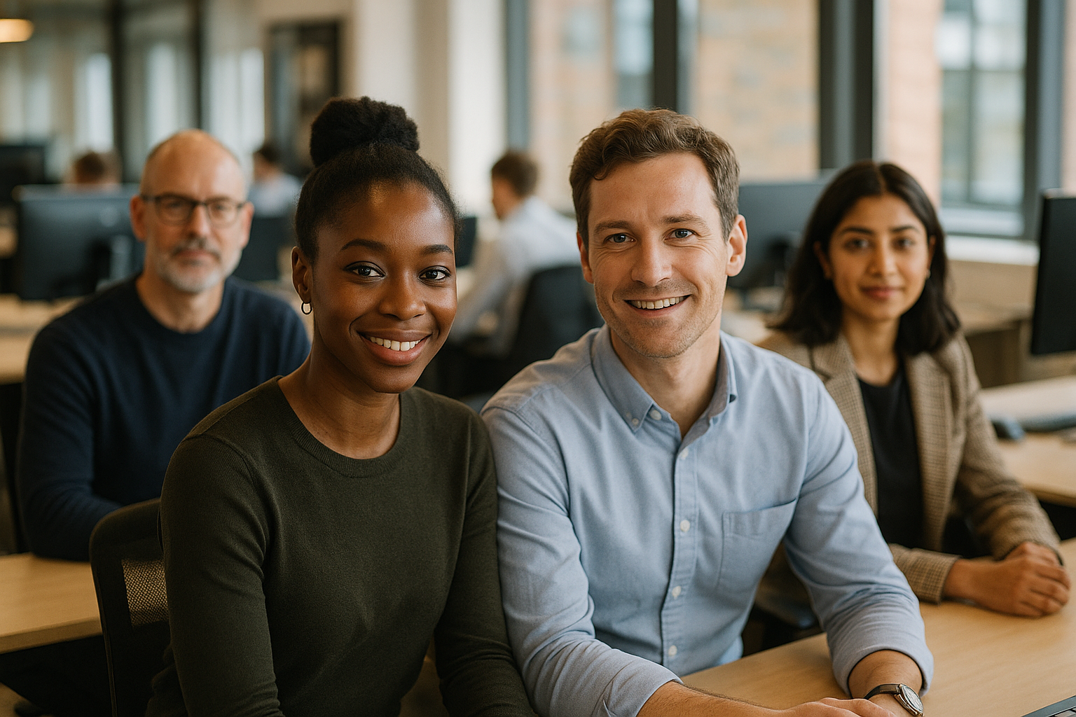 British professionals in a modern office discussing Employee assistance programme UK