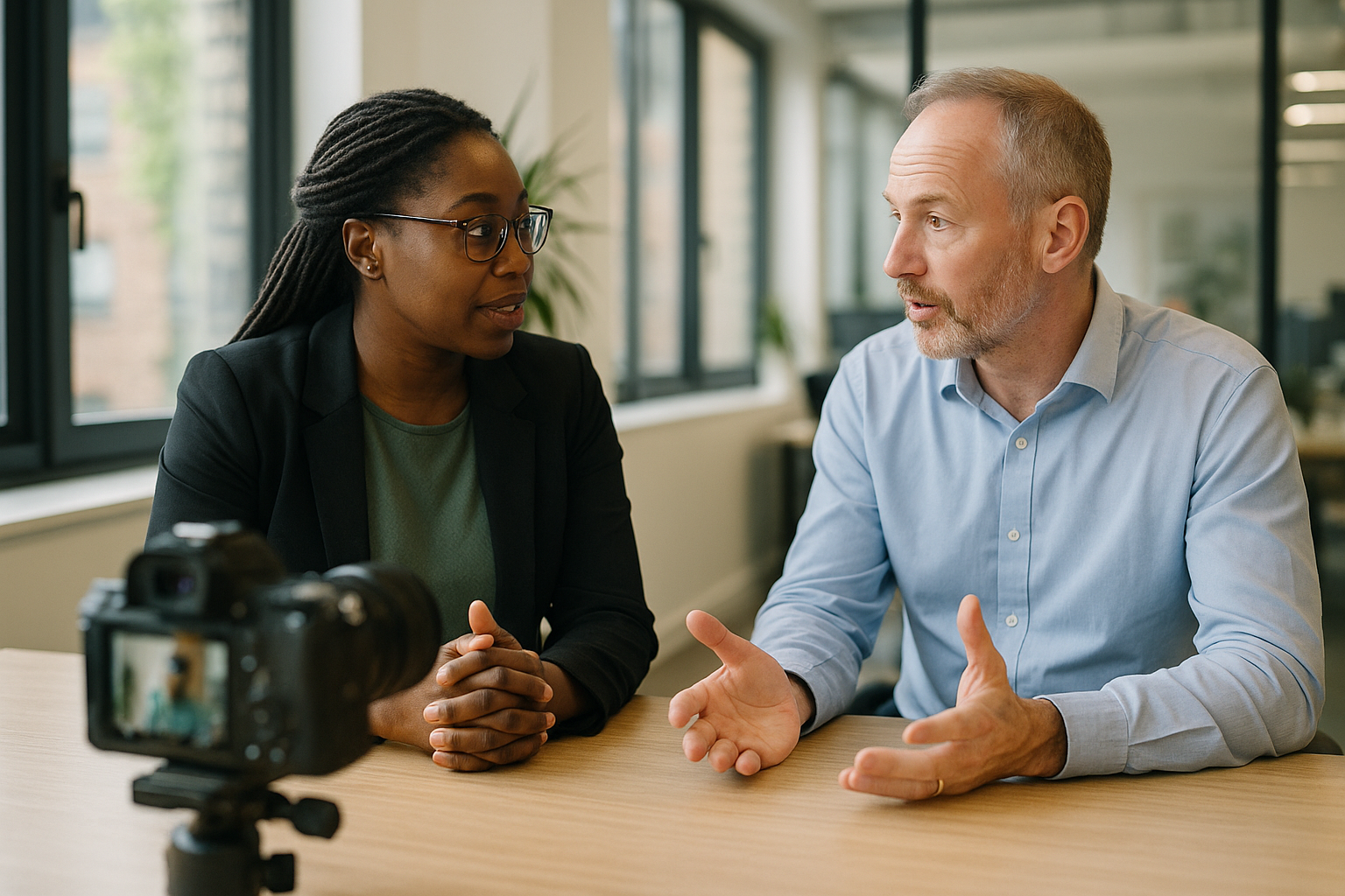 Two UK professionals discussing career next steps for Employee assistance programme UK