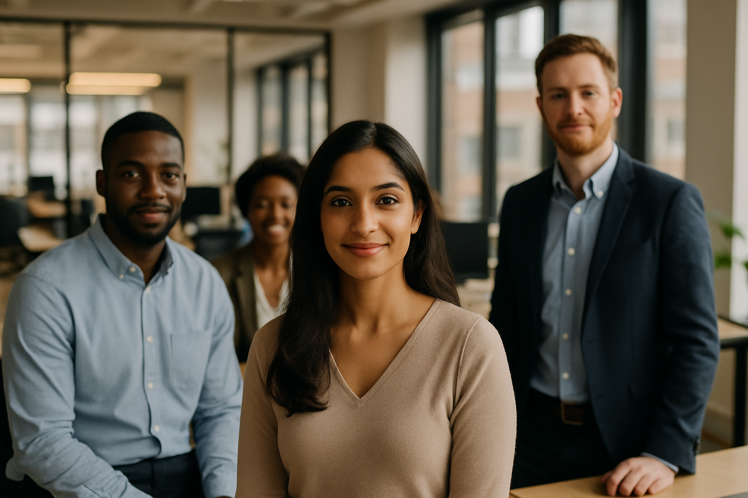 British professionals in a modern office discussing UK visa processing time