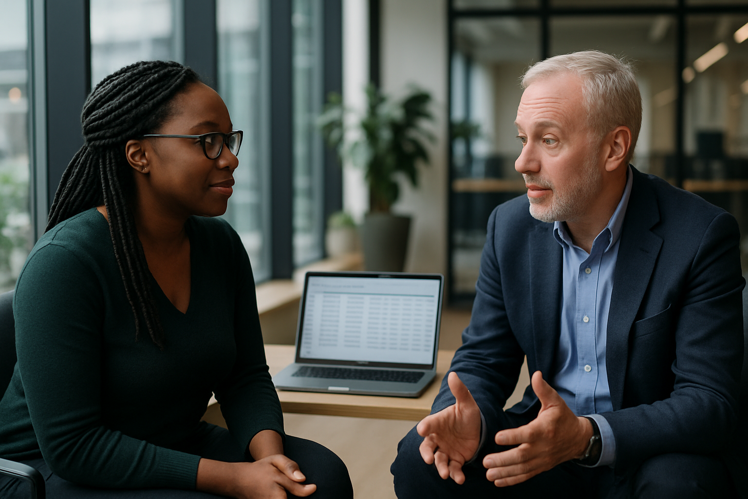 Two UK professionals discussing career next steps for UK visa processing time