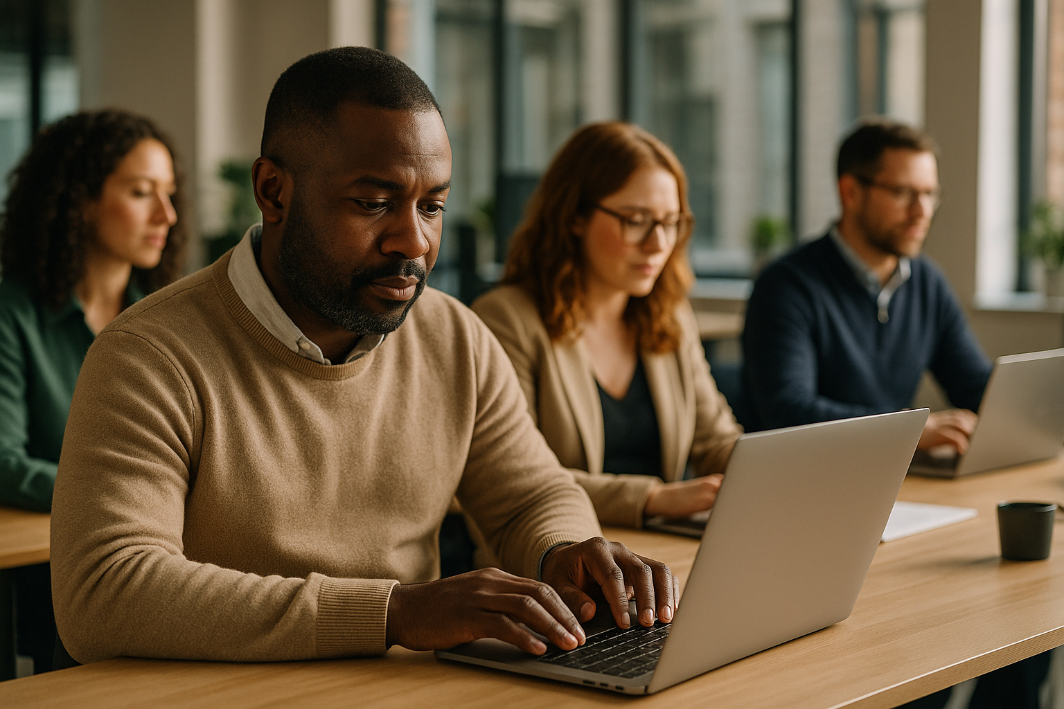 British professionals in a modern office discussing work from home contract UK