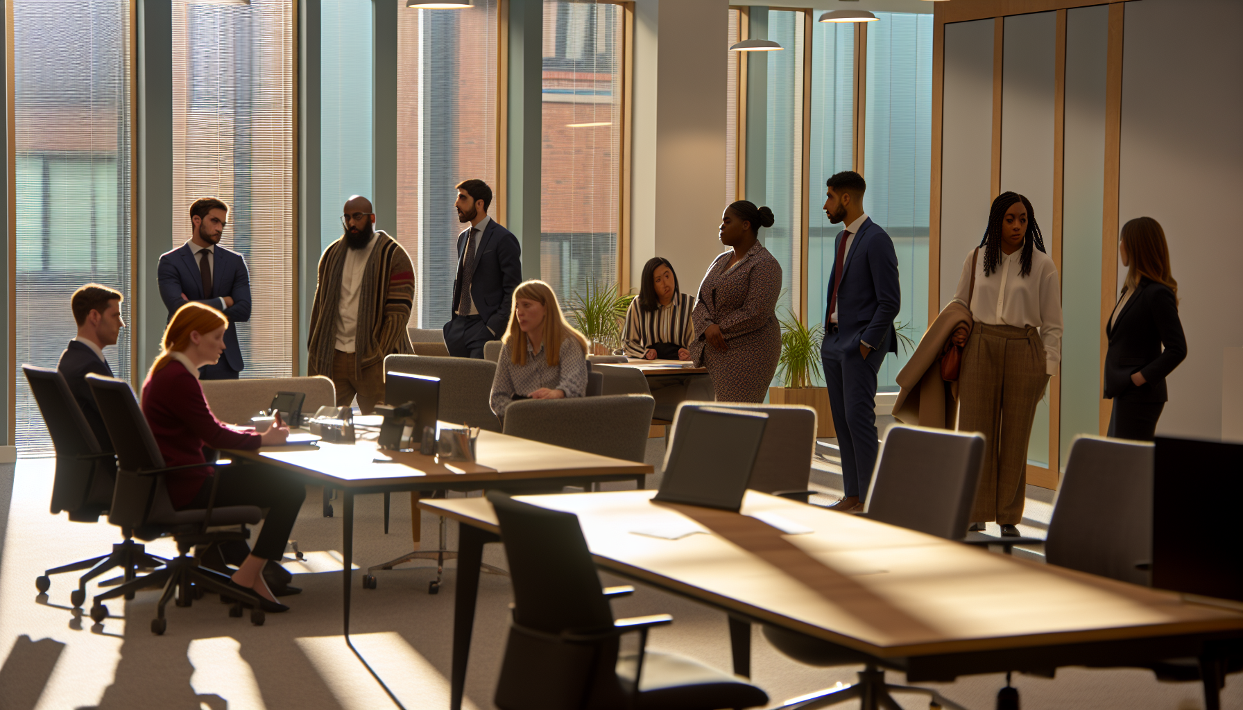 British professionals in an open-plan office discussing employment matters