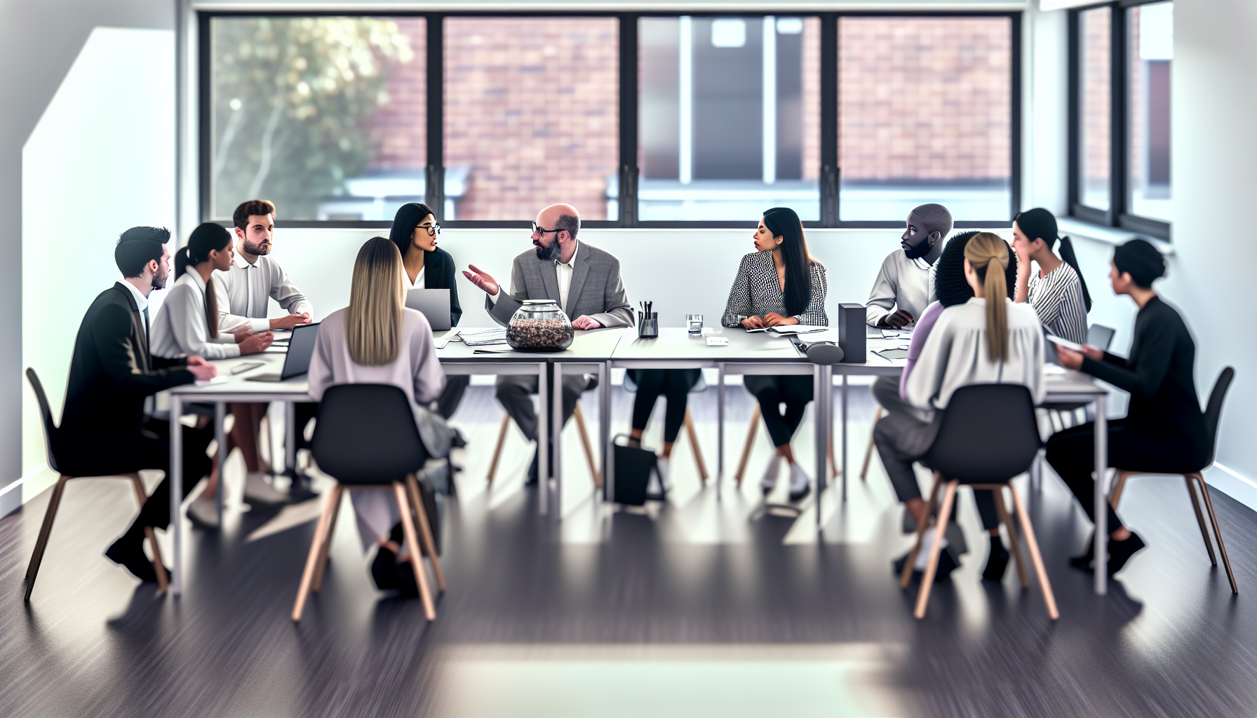 Team meeting of UK professionals in a modern office setting
