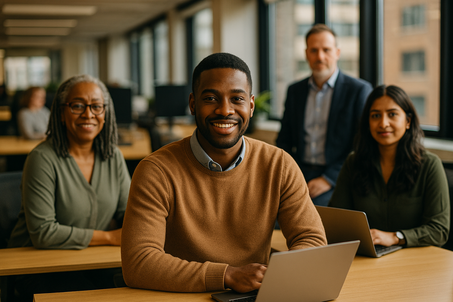 British professionals in a modern office discussing degree apprenticeship adult