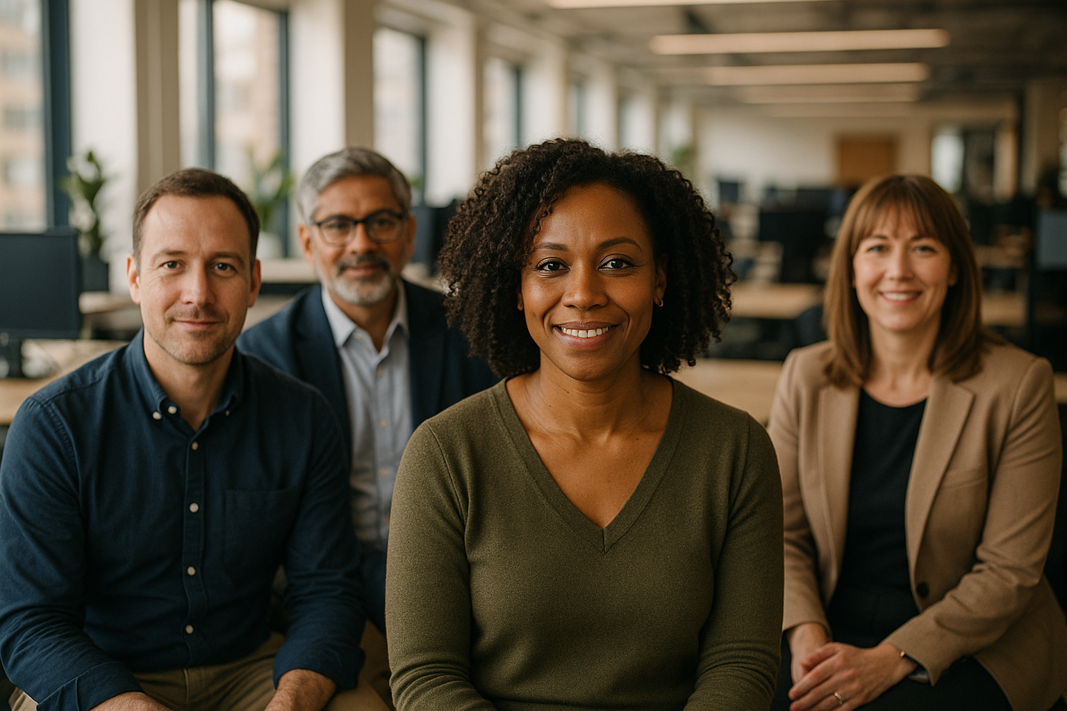 British professionals in a modern office discussing Returnship UK