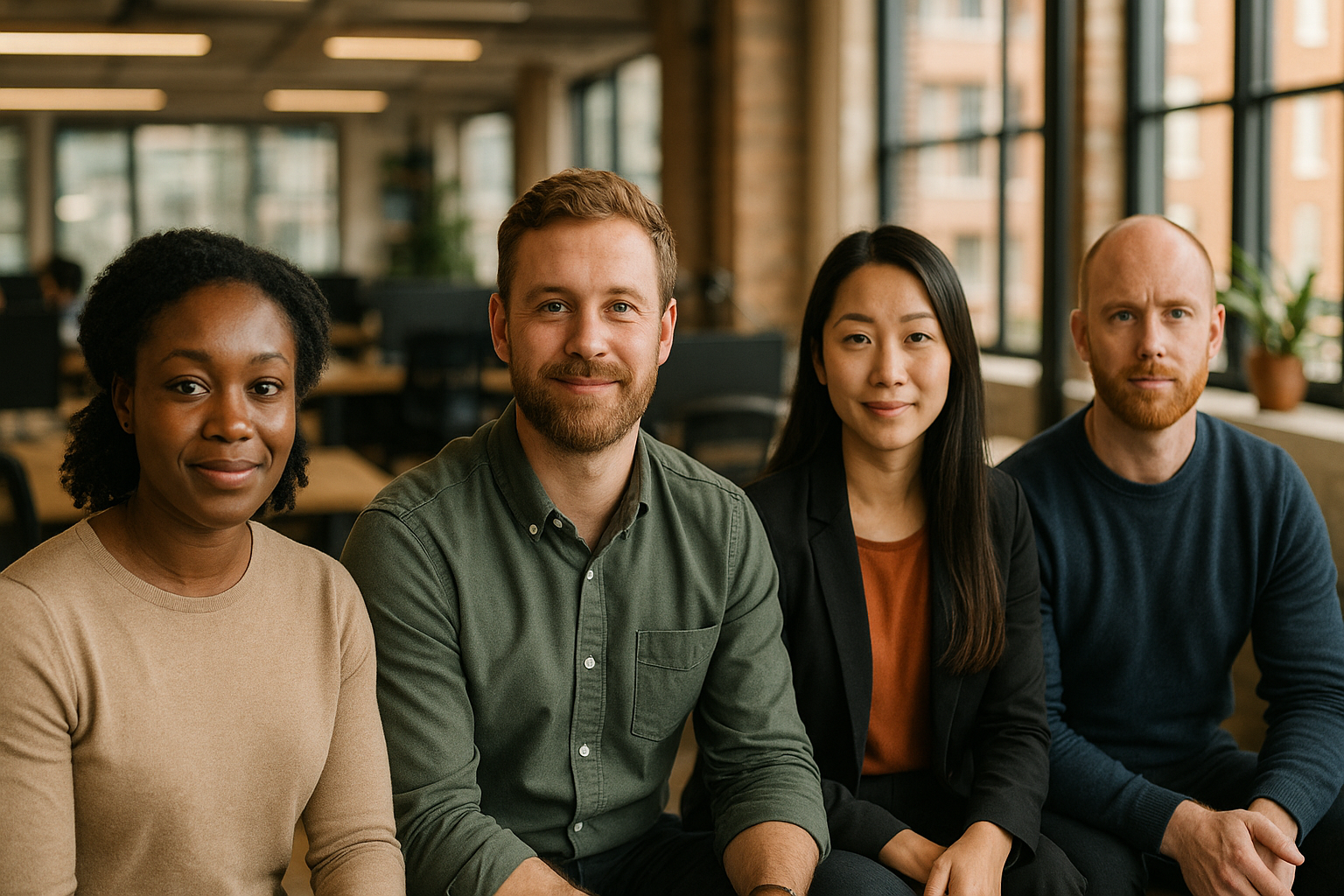 British professionals in a modern office discussing personality test work