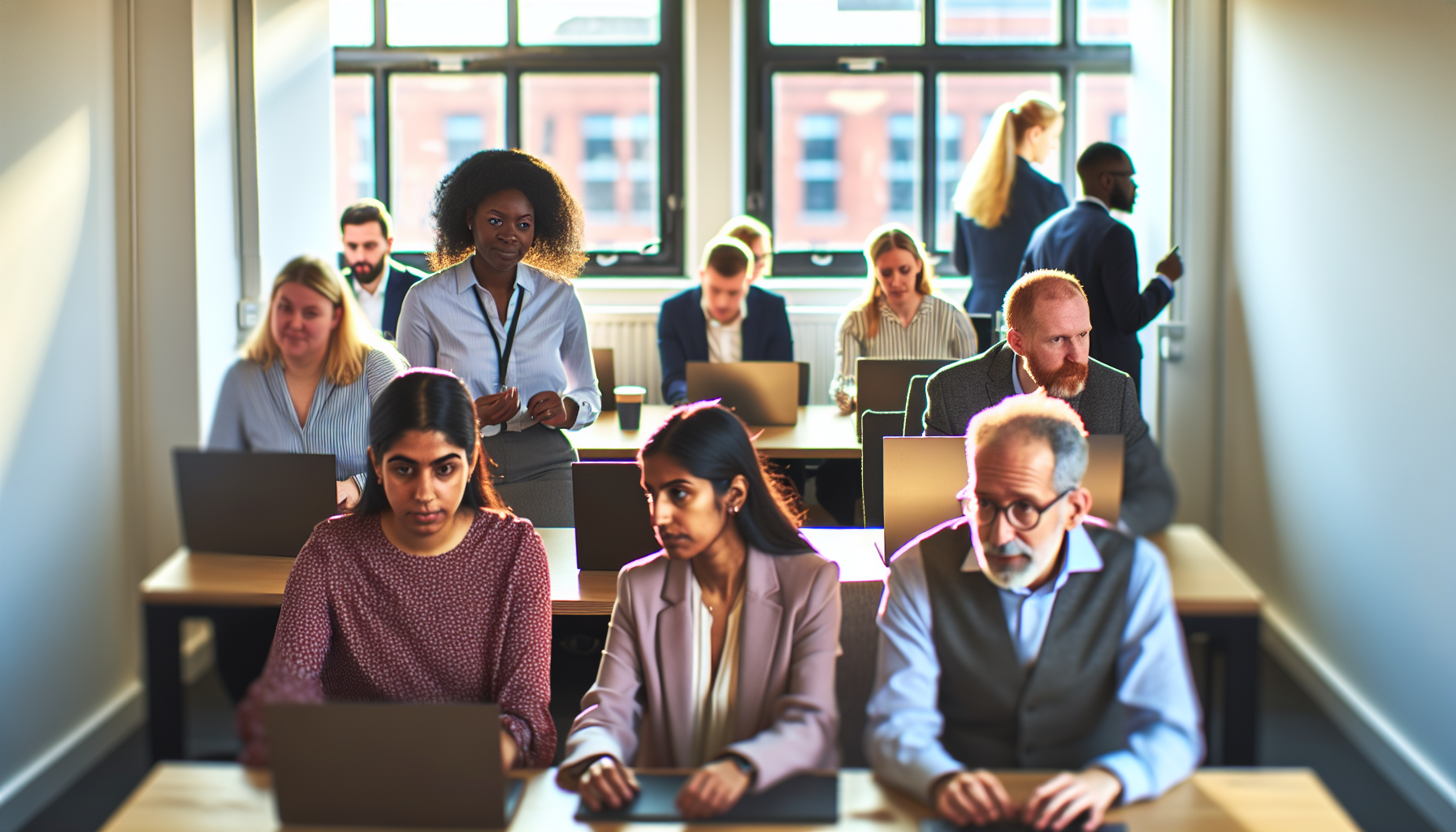 Diverse UK professionals discussing voluntary work rights in an office